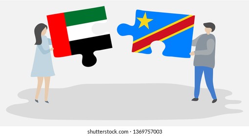 Couple holding two puzzles pieces with Emirian and Congolese flags. United Arab Emirates and Democratic Republic of the Congo national symbols together.