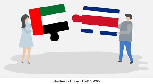 Couple holding two puzzles pieces with Emirian and Costa Rican flags. United Arab Emirates and Costa Rica national symbols together.
