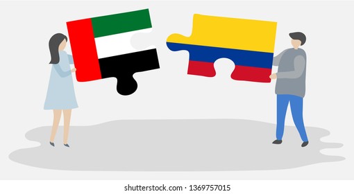 Couple holding two puzzles pieces with Emirian and Colombian flags. United Arab Emirates and Colombia national symbols together.