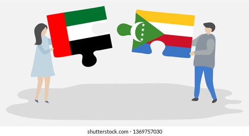 Couple holding two puzzles pieces with Emirian and Comoran flags. United Arab Emirates and Comoros national symbols together.