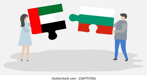 Couple holding two puzzles pieces with Emirian and Bulgarian flags. United Arab Emirates and Bulgaria national symbols together.