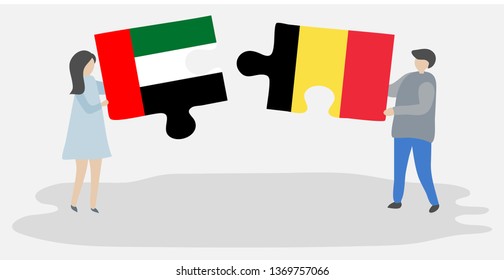 Couple holding two puzzles pieces with Emirian and Belgian flags. United Arab Emirates and Belgium national symbols together.