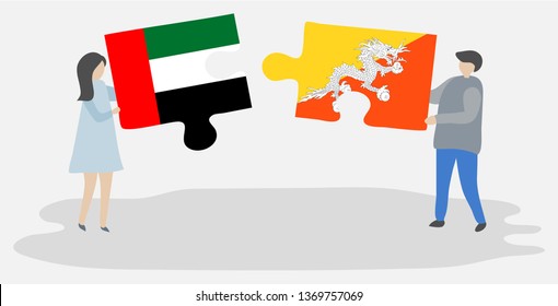 Couple holding two puzzles pieces with Emirian and Bhutanese flags. United Arab Emirates and Bhutan national symbols together.