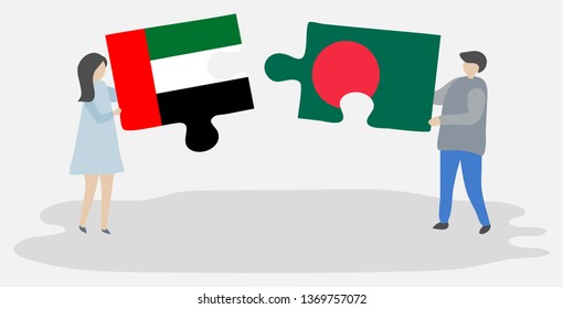 Couple holding two puzzles pieces with Emirian and Bangladeshi flags. United Arab Emirates and Bangladesh national symbols together.