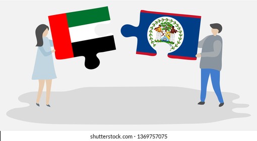 Couple holding two puzzles pieces with Emirian and Belizean flags. United Arab Emirates and Belize national symbols together.