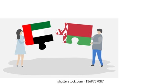 Couple holding two puzzles pieces with Emirian and Belarusian flags. United Arab Emirates and Belarus national symbols together.