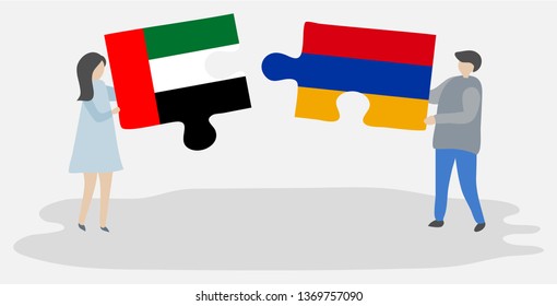 Couple holding two puzzles pieces with Emirian and Armenian flags. United Arab Emirates and Armenia national symbols together.