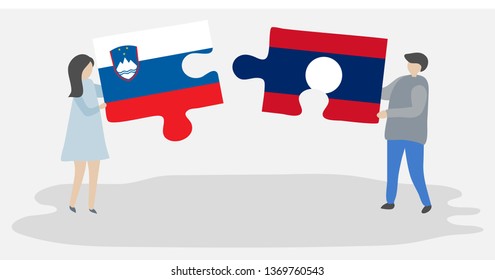 Couple holding two puzzles pieces with Slovenian and Lao flags. Slovenia and Laos national symbols together.
