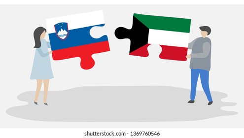 Couple holding two puzzles pieces with Slovenian and Kuwaiti flags. Slovenia and Kuwait national symbols together.