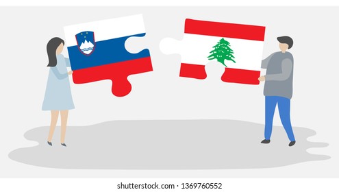 Couple holding two puzzles pieces with Slovenian and Lebanese flags. Slovenia and Lebanon national symbols together.