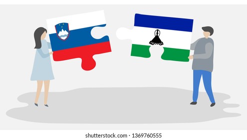 Couple holding two puzzles pieces with Slovenian and Basotho flags. Slovenia and Lesotho national symbols together.