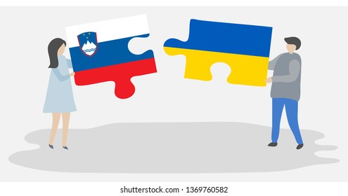 Couple holding two puzzles pieces with Slovenian and Ukrainian flags. Slovenia and Ukraine national symbols together.