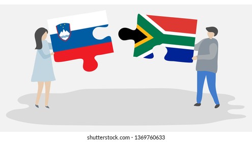 Couple holding two puzzles pieces with Slovenian and South African flags. Slovenia and South Africa national symbols together.