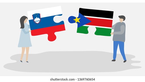 Couple holding two puzzles pieces with Slovenian and South Sudanese flags. Slovenia and South Sudan national symbols together.