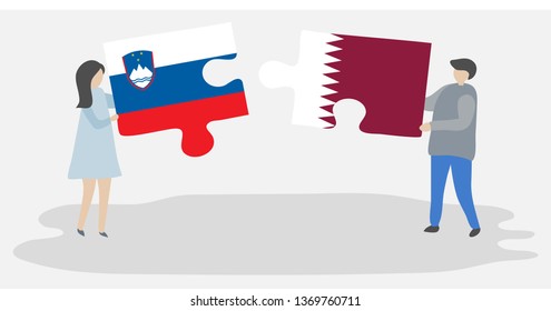 Couple holding two puzzles pieces with Slovenian and Qatari flags. Slovenia and Qatar national symbols together.