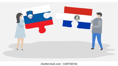 Couple holding two puzzles pieces with Slovenian and Paraguayan flags. Slovenia and Paraguay national symbols together.