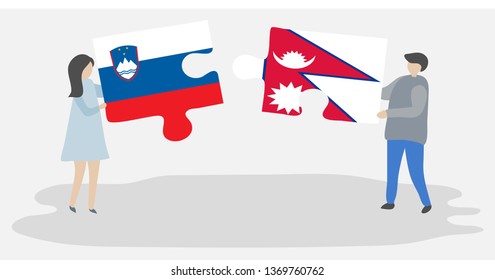 Couple holding two puzzles pieces with Slovenian and Nepalese flags. Slovenia and Nepal national symbols together.