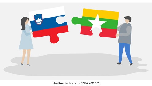 Couple holding two puzzles pieces with Slovenian and Burmese flags. Slovenia and Myanmar national symbols together.