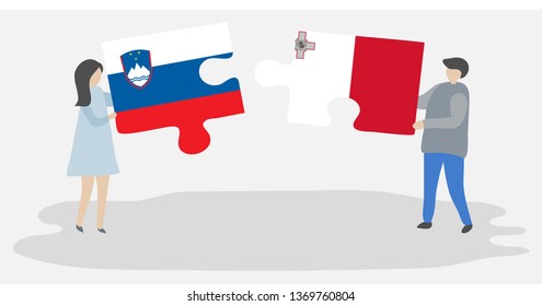 Couple holding two puzzles pieces with Slovenian and Maltese flags. Slovenia and Malta national symbols together.