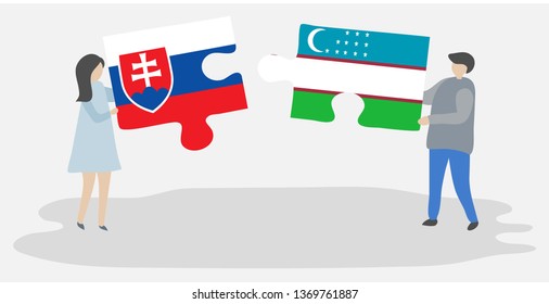 Couple holding two puzzles pieces with Slovak and Uzbek flags. Slovakia and Uzbekistan national symbols together.