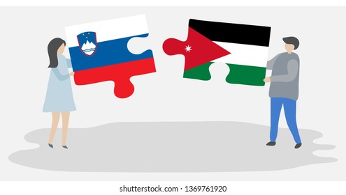 Couple holding two puzzles pieces with Slovenian and Jordanian flags. Slovenia and Jordan national symbols together.