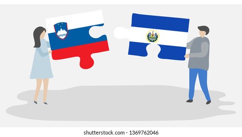 Couple holding two puzzles pieces with Slovenian and Salvadoran flags. Slovenia and El Salvador national symbols together.