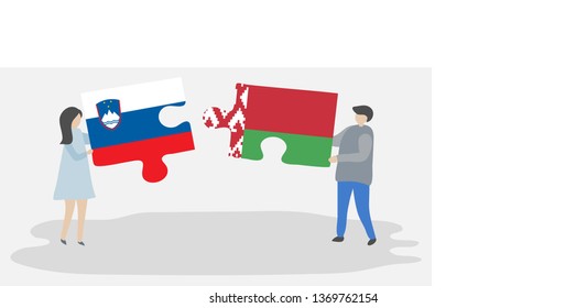 Couple holding two puzzles pieces with Slovenian and Belarusian flags. Slovenia and Belarus national symbols together.