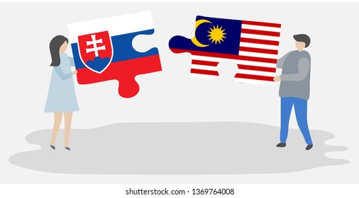 Couple holding two puzzles pieces with Slovak and Malaysian flags. Slovakia and Malaysia national symbols together.