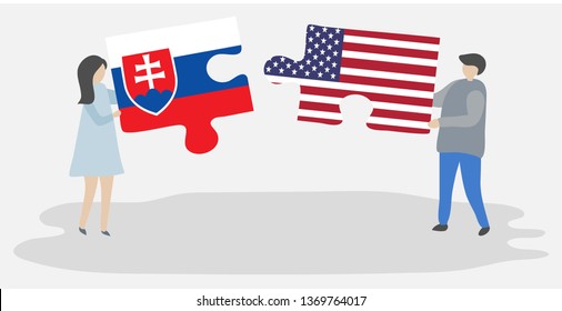 Couple holding two puzzles pieces with Slovak and American flags. Slovakia and United States of America national symbols together.