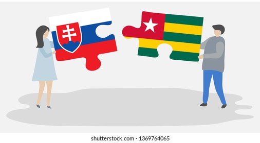 Couple holding two puzzles pieces with Slovak and Togolese flags. Slovakia and Togo national symbols together.