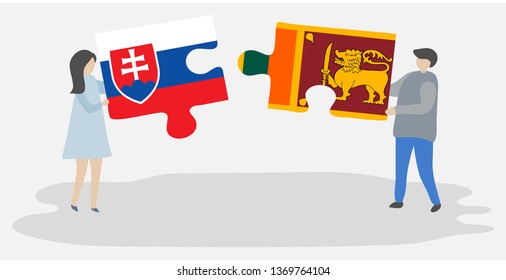 Couple holding two puzzles pieces with Slovak and Sri Lankan flags. Slovakia and Sri Lanka national symbols together.