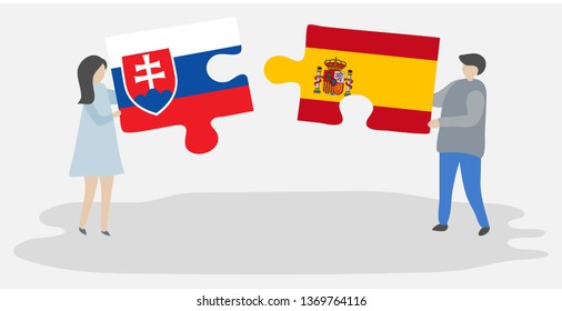 Couple holding two puzzles pieces with Slovak and Spanish flags. Slovakia and Spain national symbols together.