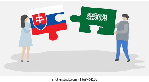 Couple holding two puzzles pieces with Slovak and Saudi Arabian flags. Slovakia and Saudi Arabia national symbols together.