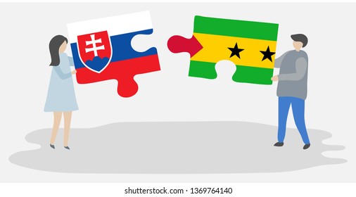 Couple holding two puzzles pieces with Slovak and Sao Tomean flags. Slovakia and Sao Tome and Principe national symbols together.