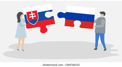 Couple holding two puzzles pieces with Slovak and Russian flags. Slovakia and Russia national symbols together.