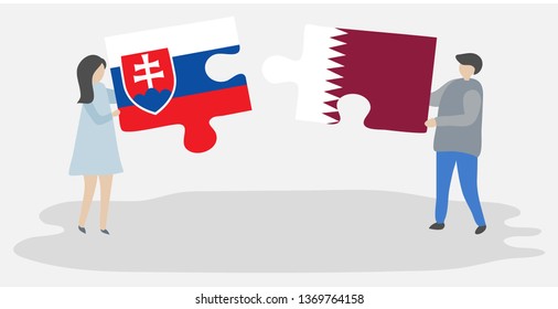 Couple holding two puzzles pieces with Slovak and Qatari flags. Slovakia and Qatar national symbols together.