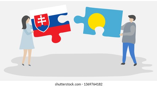 Couple holding two puzzles pieces with Slovak and Palauan flags. Slovakia and Palau national symbols together.