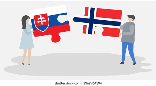 Couple holding two puzzles pieces with Slovak and Norwegian flags. Slovakia and Norway national symbols together.
