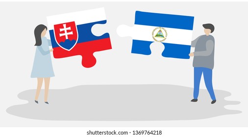 Couple holding two puzzles pieces with Slovak and Nicaraguan flags. Slovakia and Nicaragua national symbols together.