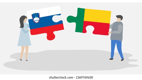 Couple holding two puzzles pieces with Slovenian and Beninese flags. Slovenia and Benin national symbols together.