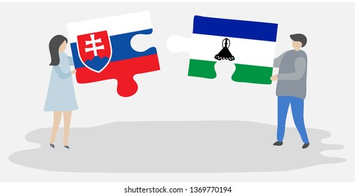 Couple holding two puzzles pieces with Slovak and Basotho flags. Slovakia and Lesotho national symbols together.