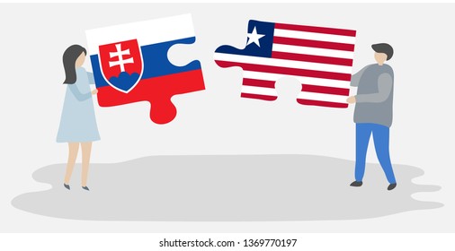 Couple holding two puzzles pieces with Slovak and Liberian flags. Slovakia and Liberia national symbols together.