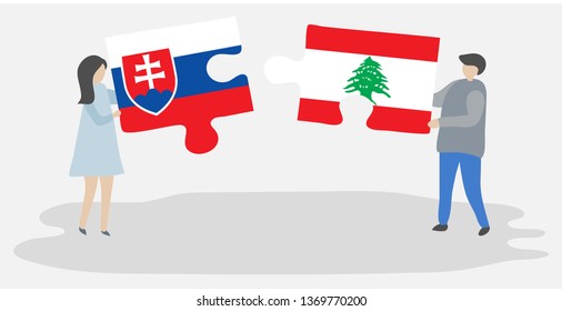 Couple holding two puzzles pieces with Slovak and Lebanese flags. Slovakia and Lebanon national symbols together.