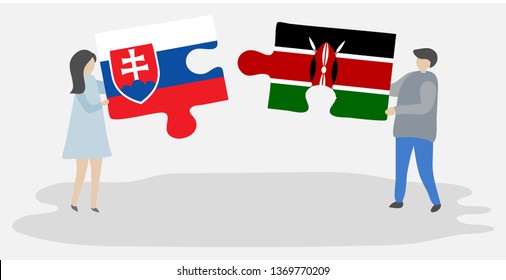 Couple holding two puzzles pieces with Slovak and Kenyan flags. Slovakia and Kenya national symbols together.