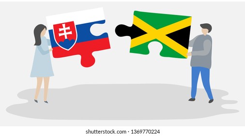 Couple holding two puzzles pieces with Slovak and Jamaican flags. Slovakia and Jamaica national symbols together.