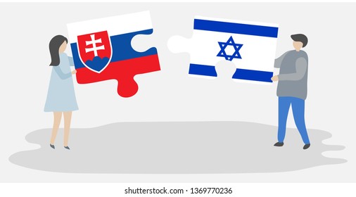 Couple holding two puzzles pieces with Slovak and Israeli flags. Slovakia and Israel national symbols together.