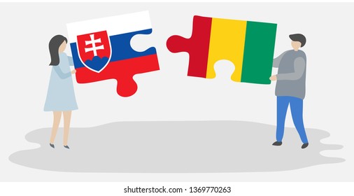 Couple holding two puzzles pieces with Slovak and Guinean flags. Slovakia and Guinea national symbols together.