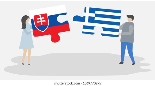 Couple holding two puzzles pieces with Slovak and Greek flags. Slovakia and Greece national symbols together.
