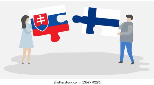 Couple holding two puzzles pieces with Slovak and Finnish flags. Slovakia and Finland national symbols together.