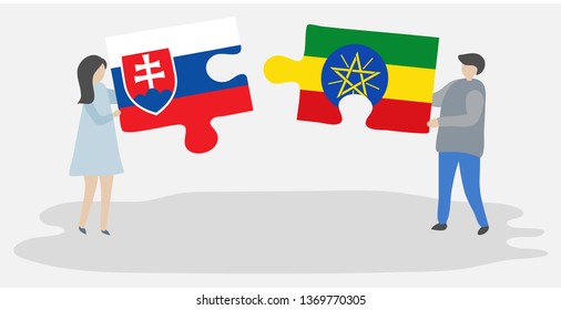 Couple holding two puzzles pieces with Slovak and Ethiopian flags. Slovakia and Ethiopia national symbols together.